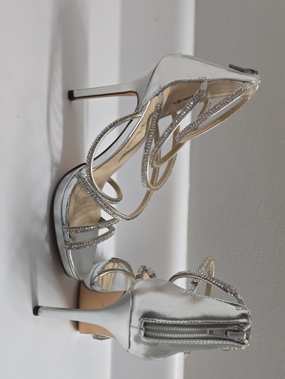NINA, size 6.5 Silver Rhinestone Strappy High Heel Sandals